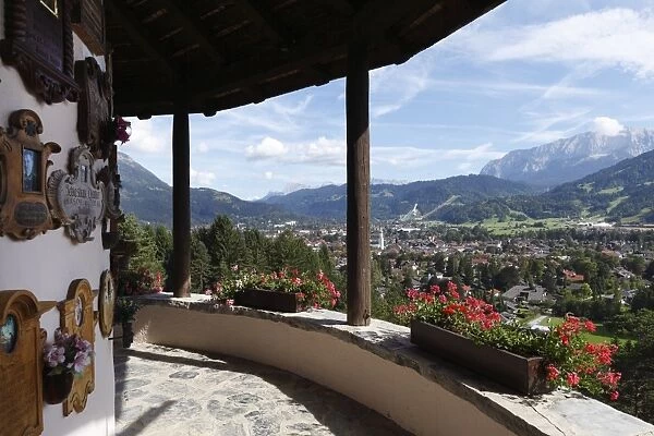 View of Garmisch-Partenkirchen as seen from Kriegergedaechtniskapelle memorial chapel, Werdenfelser Land region, Upper Bavaria, Bavaria, Germany, Europe