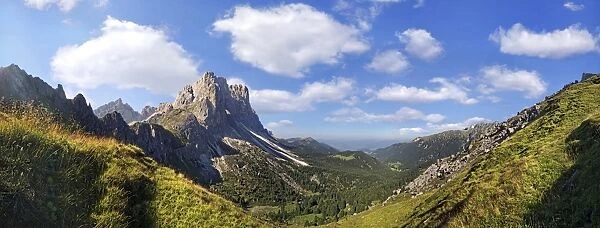 View of the Geisler Mountains and the Villnoesstal valley as seen from Kreuzjoch ridge, Villnoesstal valley, province of Bolzano-Bozen, Italy, Europe