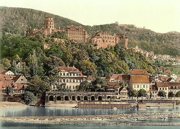 View of Heidelberg from Hirschgasse, Baden-Wuerttemberg, Germany, Historic, Photochrome print from the 1890s