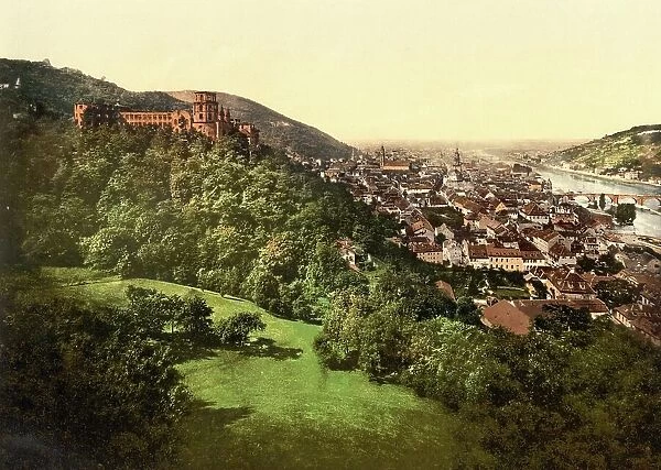 View of Heidelberg from the terrace, Baden-Wuerttemberg, Germany, Historic, photochrome print from the 1890s