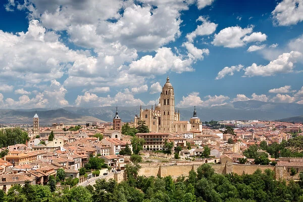 View over historic centre and cathedral in Segovia, Spain