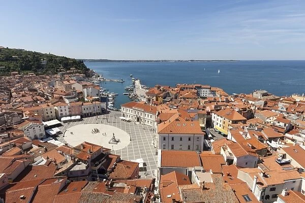 View of the historic centre with the harbour and Tartini Square, Piran, Istria, Slovenia