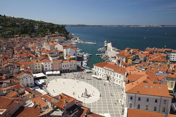 View of the historic centre with the harbour and Tartini Square, Piran, Istria, Slovenia