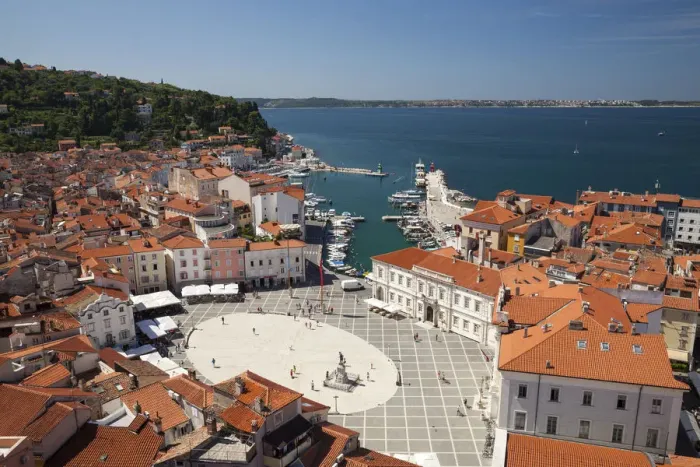 Framed Print : View of the historic centre with the harbour and Tartini Square, Piran, Istria, Slovenia