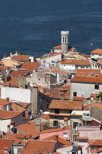 View of the historic centre with lighthouse, Piran, Istria, Slovenia