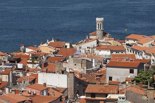View of the historic centre with lighthouse, Piran, Istria, Slovenia