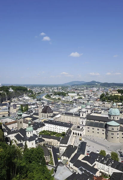 View of the historic district of Salzburg, Kapitelplatz square and Salzburg Cathedral in the front, Austria, Europe