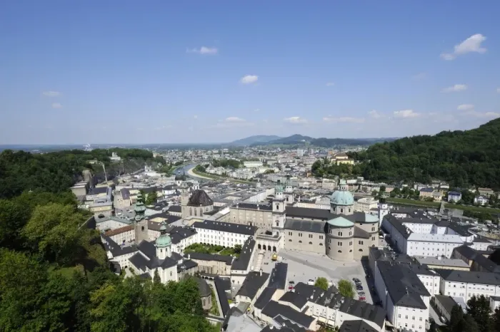 Framed Print : View of the historic district of Salzburg, Kapitelplatz square and Salzburg Cathedral in the front, Austria, Europe