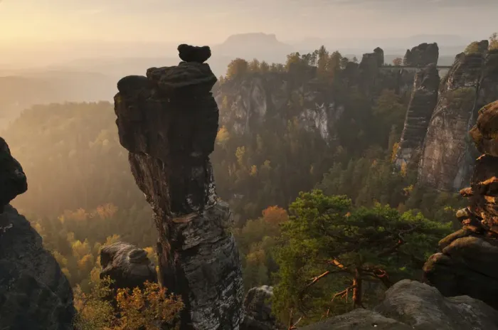 Framed Print : View from the Hoellenhundaussicht view over the Wehlgrund valley to the Bastei rock formation and Basteibruecke bridge, dawn, sunrise, autumn, Saxon Switzerland, Saxony, Germany, Europe Framed Print : View from the Hoellenhundaussicht view over the Wehlgrund valley to the Bastei rock formation and Basteibruecke bridge, dawn, sunrise, autumn, Saxon Switzerland, Saxony, Germany, Europe