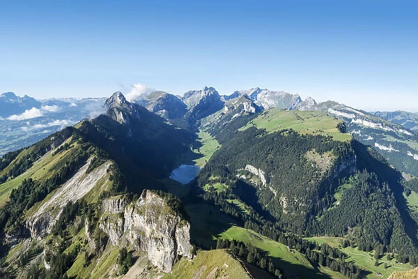 View from Hoher Kasten mountain, 1794m, in the Appenzell Alps, Lake Saemtisersee in the center, canton of Appenzell Inner-Rhodes, Switzerland, Europe