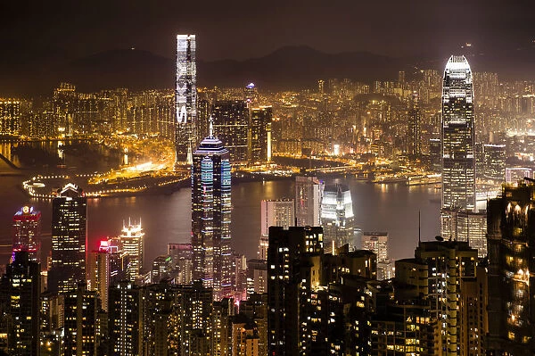 View over Hong Kong skyline from Victoria Peak at night, Central District, Hong Kong, China
