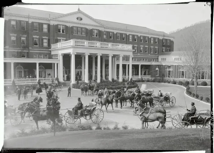Framed Print : View of Horses with Carriages Outside Hotel Framed Print : View of Horses with Carriages Outside Hotel