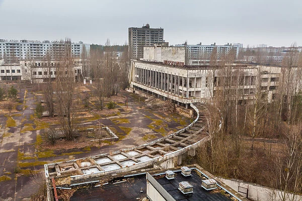 View of the House of Culture Energetic and the central square of Pripyat