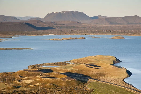 View of the Hverfell or Hverfjall crater as seen from Vindbelgjarfjall mountain, Burfell mountain, Lake Myvatn and a pseudo-crater, Norourland eystra region, or north-east region, Iceland, Europe
