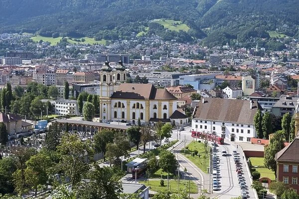 View of Innsbruck, Wiltern district with the Wilten Basilica, Wilten Abbey and cemetery, capital of Tyrol, Northern Chain, Alps, Austria, Europe, PublicGround