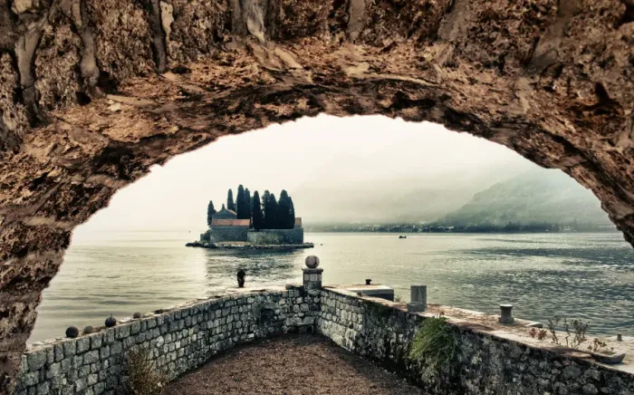 Framed Print : view of an island at perast on a foggy day Framed Print : view of an island at perast on a foggy day