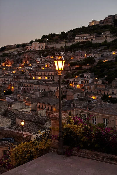 View of the Italian town Modica at dusk. Sicily, Italy, Europe