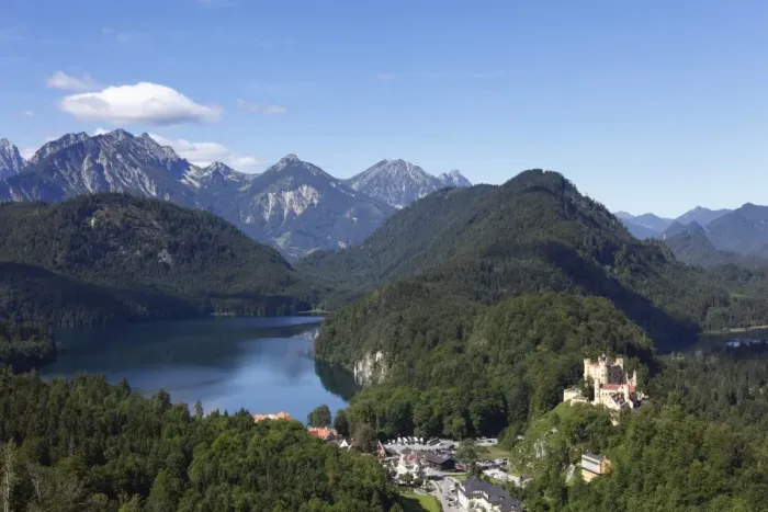 Framed Print : View from Jugend lookout point over Lake Alpsee and Schloss Hohenschwangau Castle towards the Tannheimer Mountains, Ostallgaeu, Allgaeu, Schwaben, Bavaria, Germany, Europe Framed Print : View from Jugend lookout point over Lake Alpsee and Schloss Hohenschwangau Castle towards the Tannheimer Mountains, Ostallgaeu, Allgaeu, Schwaben, Bavaria, Germany, Europe