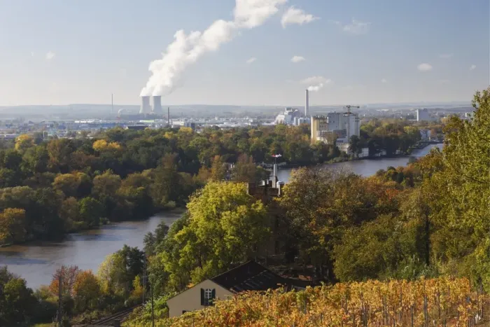 Framed Print : View from Karlsturm tower at Peterstirn Castle over the Main River with Schweinfurt municipal park and industrial estate, with Grafenrheinfeld Nuclear Power Plant in the distance, Schweinfurt, Lower Franconia, Franconia, Bavaria, Germany, Europe