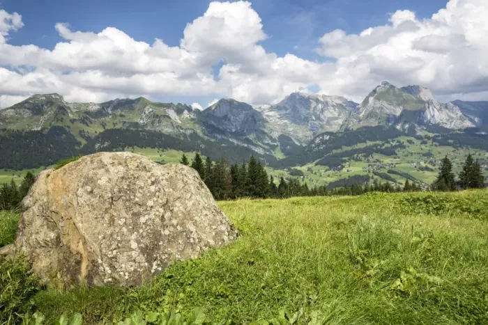 Framed Print : View from Klangweg or Sound Trail on Toggenburg Mountain towards the Alpstein Mountains with Saentis Mountain, Wildhaus, Canton of St. Gallen, Switzerland Framed Print : View from Klangweg or Sound Trail on Toggenburg Mountain towards the Alpstein Mountains with Saentis Mountain, Wildhaus, Canton of St. Gallen, Switzerland