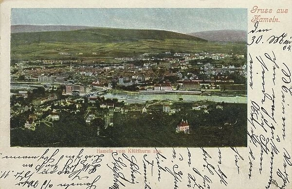 View from the Kluetturm, Hameln, Lower Saxony, Germany, postcard with text, view around ca 1910, historical, digital reproduction of a historical postcard, public domain, from that time, exact date unknown