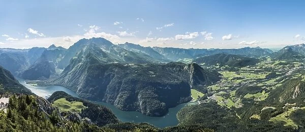 View of Konigssee Lake, Mt Watzmann and the municipality of Schonau am Konigsee, from Mt Jenner, Berchtesgaden National Park, Berchtesgadener Land district, Upper Bavaria, Bavaria, Germany