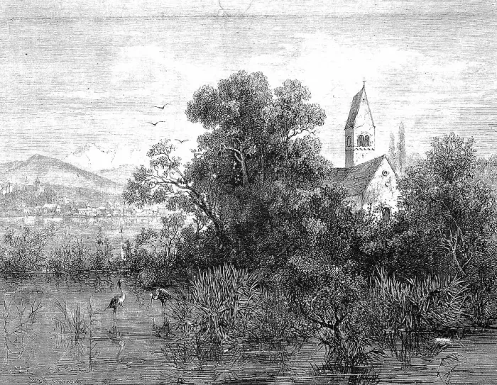 Framed Print : View of Lake Zurich, Lake Zurich, the island of Ufenau, where Ulrich von Hutten's grave is located, the former parish church of St. Peter and Paul, built in 1141, 1869, Switzerland, Historic Framed Print : View of Lake Zurich, Lake Zurich, the island of Ufenau, where Ulrich von Hutten's grave is located, the former parish church of St. Peter and Paul, built in 1141, 1869, Switzerland, Historic