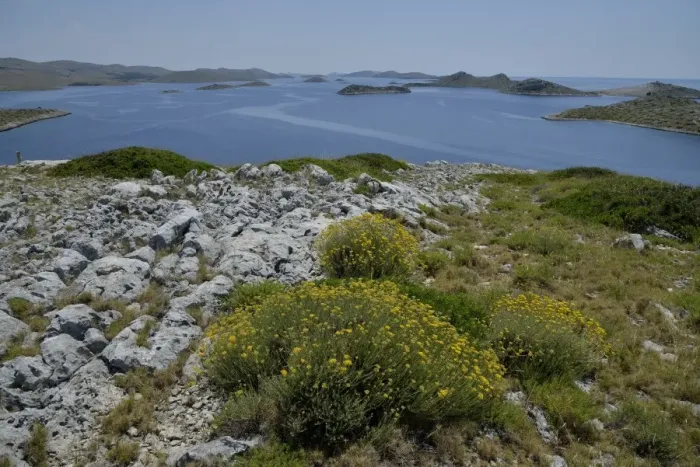 Framed Print : View from Levrnaka island over the Kornati Islands, Adriatic Sea, Kornati Islands National Park, Croatia