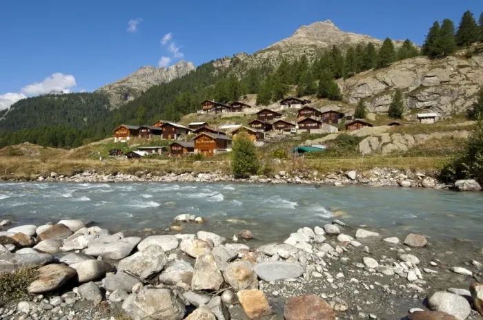 Framed Print : View across the Lonza river towards the mountain huts of the Gletscherstafel hamlet, Loetschental valley, Valais, Switzerland, Europe Framed Print : View across the Lonza river towards the mountain huts of the Gletscherstafel hamlet, Loetschental valley, Valais, Switzerland, Europe