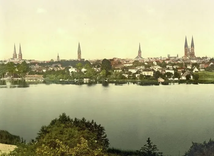 Framed Print : View of Luebeck, Schleswig-Holstein, Germany, Historic, Photochrome print from the 1890s Framed Print : View of Luebeck, Schleswig-Holstein, Germany, Historic, Photochrome print from the 1890s