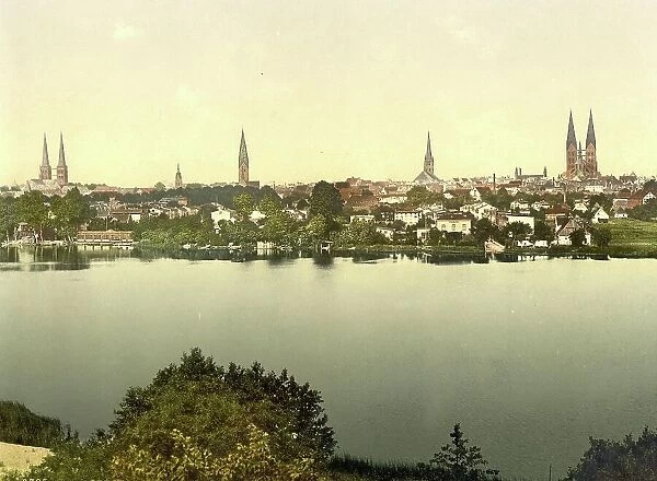 View of Luebeck, Schleswig-Holstein, Germany, Historic, Photochrome print from the 1890s