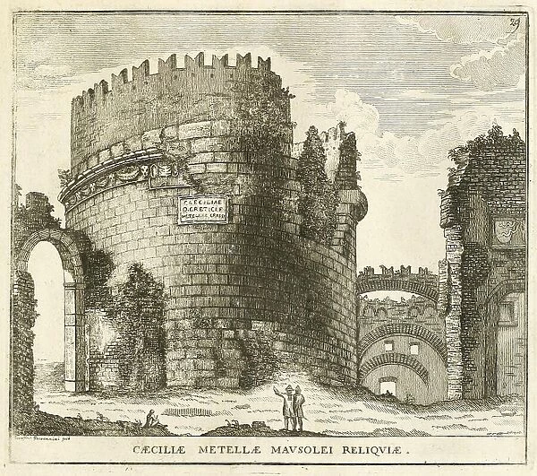 View of the mausoleum of Cecilia Metella, historical Rome, Italy, digital reproduction of an original 17th century painting, original date unknown
