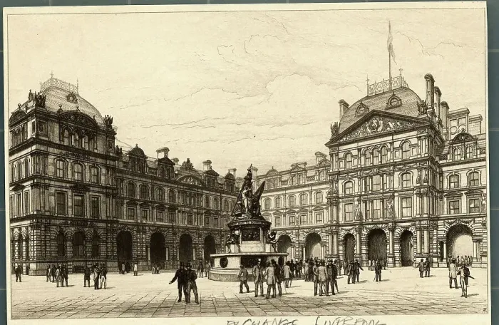 Framed Print : View of Men Standing Inside The Liverpool Exchange