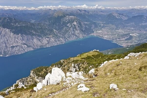 View from Monte Altissimo above Nago overlooking Lake Garda and Arco, Trentino, Italy, Europe