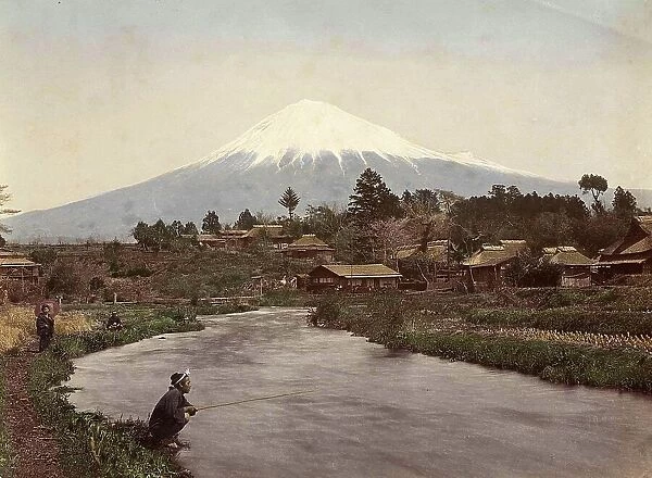 View of Mount Fuji from the village of Omiya, 1890, Japan, Historic, digitally restored reproduction from an original of the time