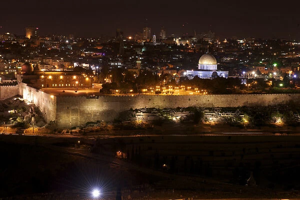 View from the Mount of Olives in Jerusalem by night, with Wailing Wall and Dome of the Rock, Israel, Middle East