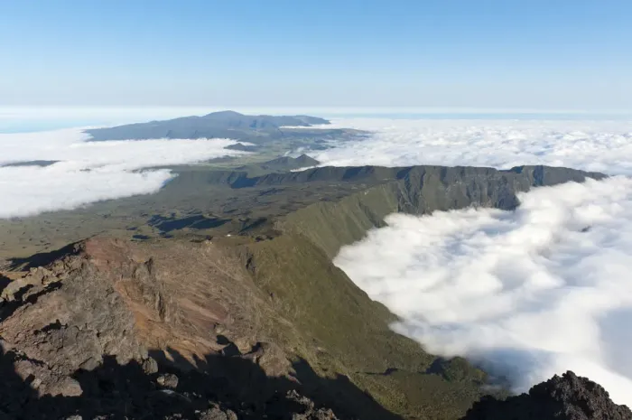 Framed Print : View from Mount Piton des Neiges towards Mount Piton de la Fournaise volcano, near Cilaos, La Reunion, Reunion, France