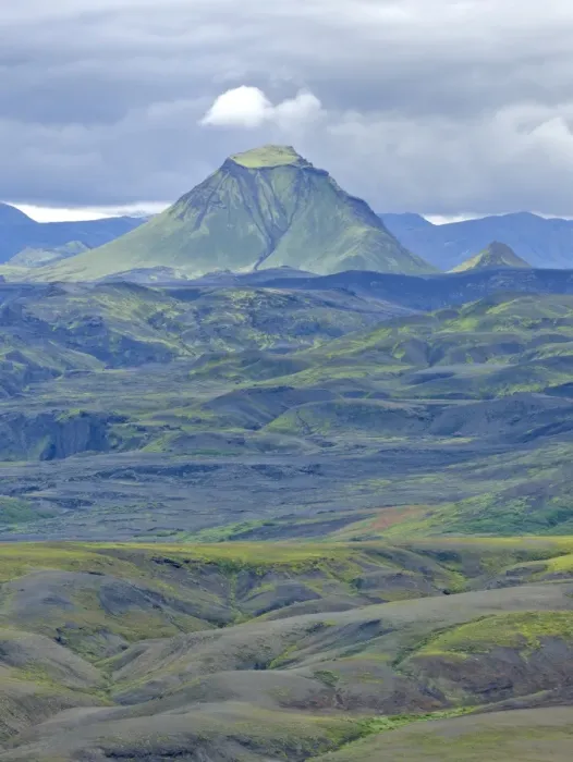 Framed Print : View from Mt Eggjar across the Emstrur lava desert to Hattafell, on the long-distance hiking trail from Skogar via Fimmvorouhals to the Thorsmork mountain ridge, Porsmork, Iceland