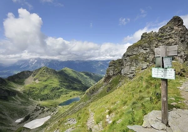 View from Mt. Filzscharte to Moaralmsee lake and Mt. Dachstein, Schladminger Tauern mountain range, Styria, Austria, Europe