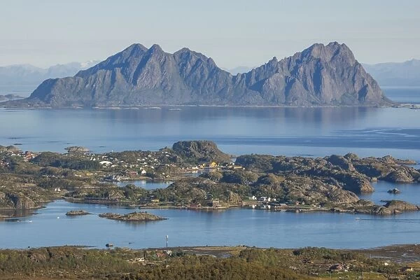 View from Mt Glomtinden of the village of Kabelvag, the island of Lille Molla and the Vestfjord, Austvagoy or Austvagoya island, Lofoten, Nordland, Norway