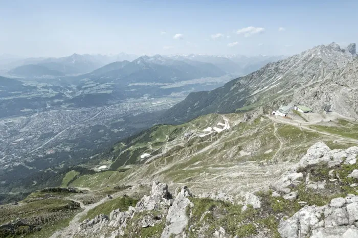 Framed Print : View from Mt Hafelekarspitze to Seegrube, Innsbruck, Inn Valley, Stubai Valley, and the Austrian Central Alps, Tyrol, Austria, Europe