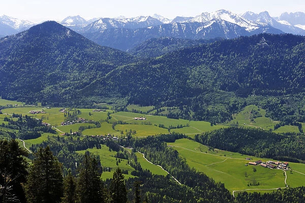 View from Mt Hirschkopfhoernl to Jachenau, Toelzer Land region, Isarwinkel region, Upper Bavaria, Bavaria, Germany, Europe, PublicGround