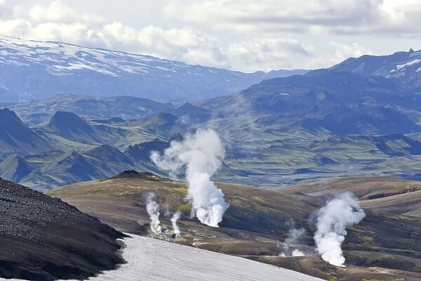 View from the Mt Hrafntinnusker or Raven Mountain across hot springs to Myrdalsjokull galcier, Hrafntinnusker, Landmannalaugar, Iceland