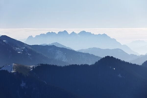 View from Mt Wallberg, Mt Wilder Kaiser in Tyrol at back, Upper Bavaria, Bavaria, Germany, Europe, PublicGround