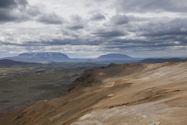 View from the Namafjall volcano across the Burfellshraun lava field, Myvatn, Iceland, Europe