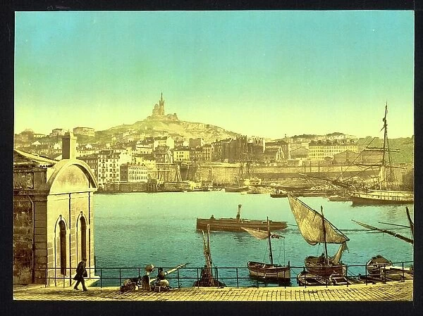 View of Notre Dame de la Garde and the Harbour, Marseille, 1890, France, Historic, digitally restored reproduction from a 19th century original