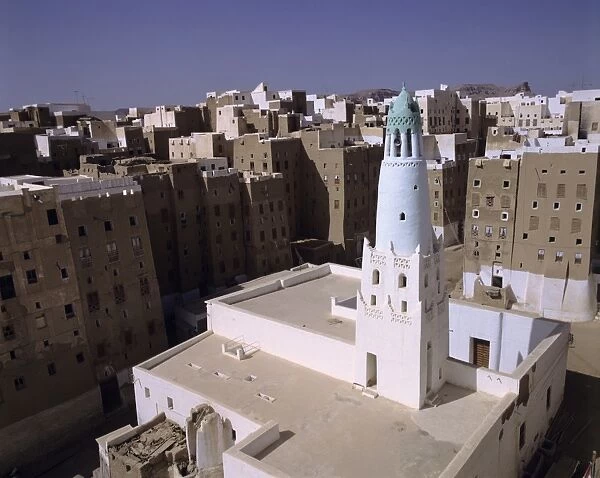 View over the old downtown of Shibam with mosque