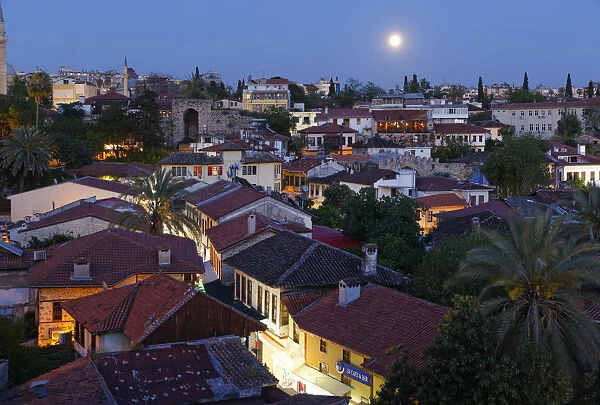 View of the old town with full moon, Kaleici, Antalya, Antalya Province, Turkey