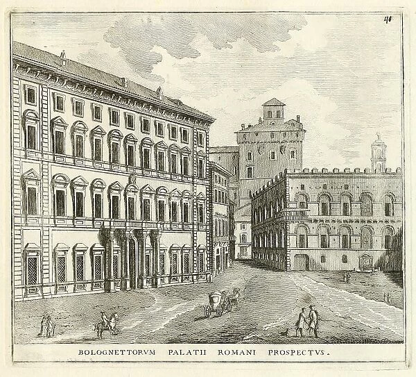 View of the Palace of Prince Barberini, near the Piazza delle Quattro Fontane, historical Rome, Italy, digital reproduction of an original 17th century painting, original date unknown