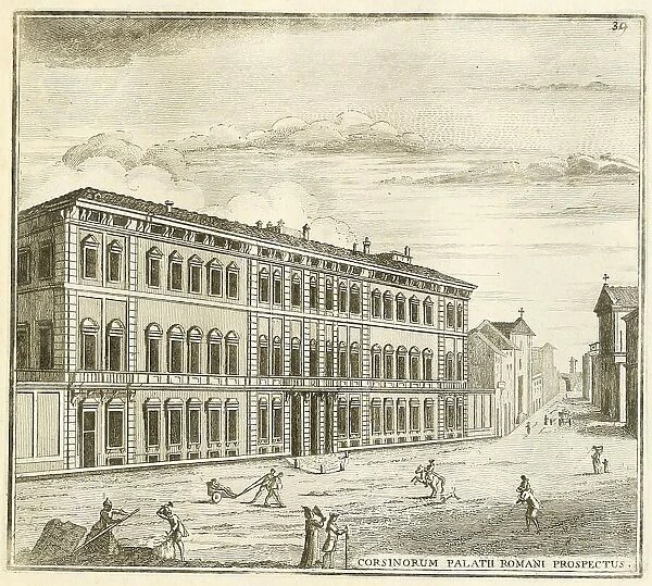 View of the palace of Prince Corsini, on the Lungara, on the other side of the Tiber, historical Rome, Italy, digital reproduction of an original 17th century original, original date unknown